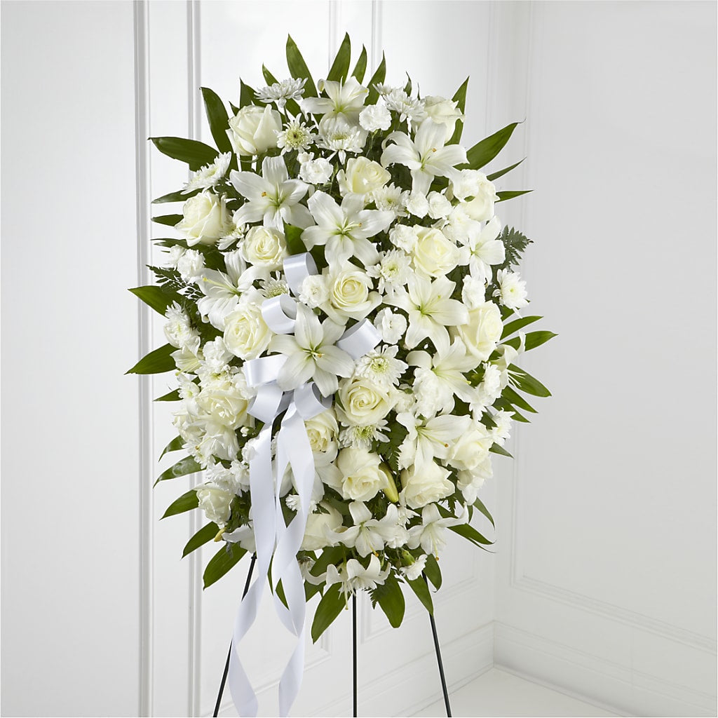 Exquisite Tribute Standing Spray-White Ribbon – VINE & IVY FLOWERS, Suffield CT