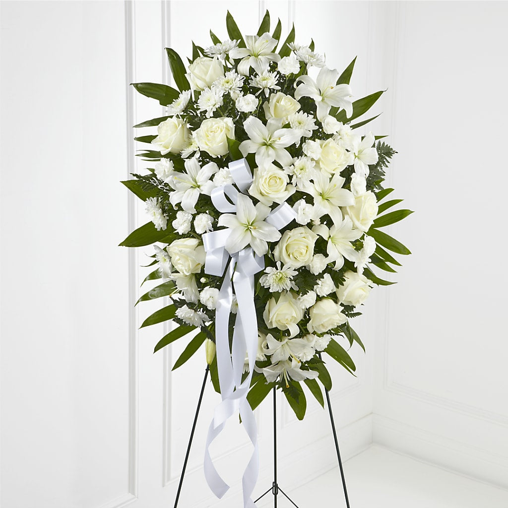 Exquisite Tribute Standing Spray-White Ribbon – VINE & IVY FLOWERS, Suffield CT